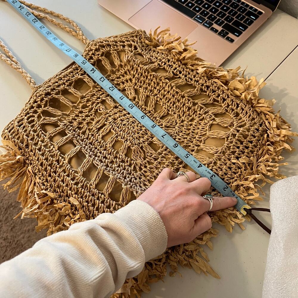 MW Tan Natural Fiber Straw Fringe Raffa Crochet Square Tote Shoulder Bag - Picture 9 of 13